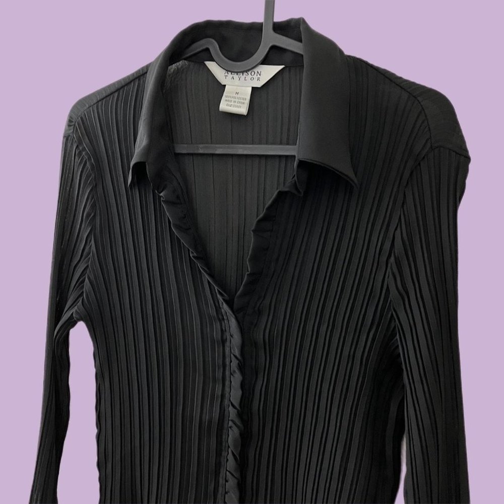 Y2k black sheer pleated button up top